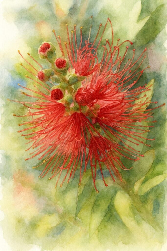 満開のブラシノキの赤い花を水彩画風に描いたイラスト｜放射状に伸びる赤い雄しべと柔らかな緑背景が調和する植物アート