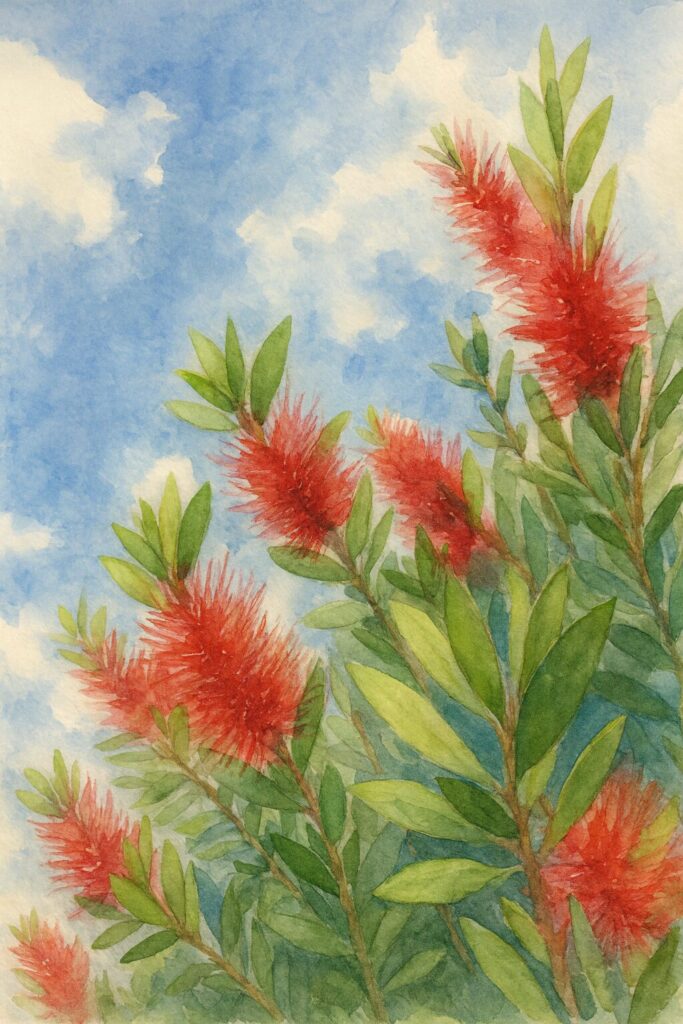 青空に映えるブラシノキの赤い花穂を水彩画風に描いたイラスト｜鮮やかな花と柔らかな空のグラデーションが調和する植物アート