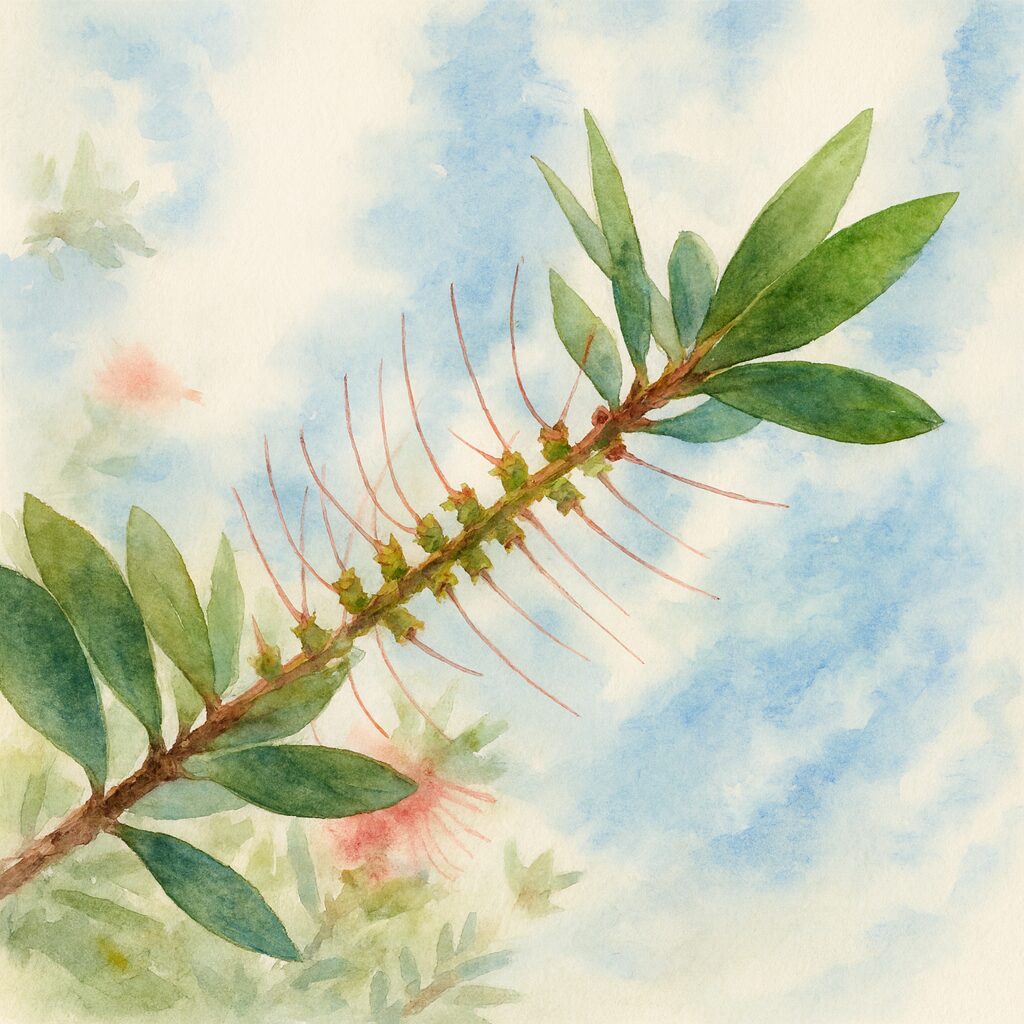 青空に向かって伸びるブラシノキの花後の枝を水彩画風に描いたイラスト｜残った赤い花糸と緑の葉が柔らかなタッチで表現された植物アート