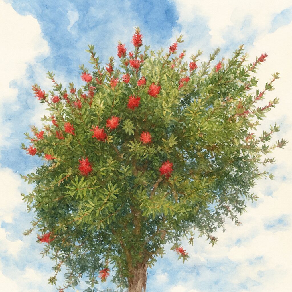 青空を背景に満開のブラシノキの木を水彩画風に描いたイラスト｜丸い樹形と赤い花房を柔らかなタッチで表現した植物アート