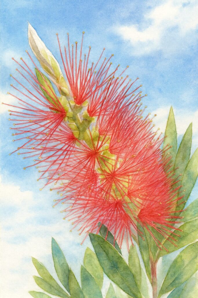 青空に映えるブラシノキの赤い花穂を水彩画風に描いたイラスト｜細い雄しべの広がりと柔らかな緑葉を繊細に表現した植物アート