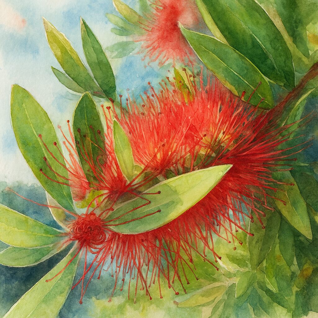 青空を背景に咲くブラシノキの赤い花穂を水彩画風に描いたイラスト｜細い赤い雄しべと柔らかな緑葉を繊細に表現した植物アート