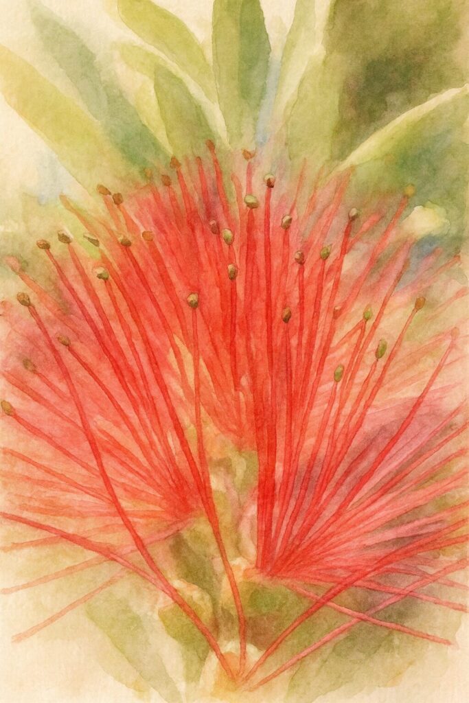 ブラシノキの赤い雄しべを水彩画風に描いたイラスト｜密集した花糸と柔らかな緑背景を繊細なタッチで表現した植物アート