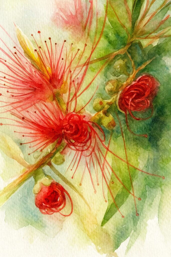 咲き始めのブラシノキの赤い花を水彩画風に描いたイラスト｜ほどける花糸と蕾を柔らかな筆致で表現した植物アート