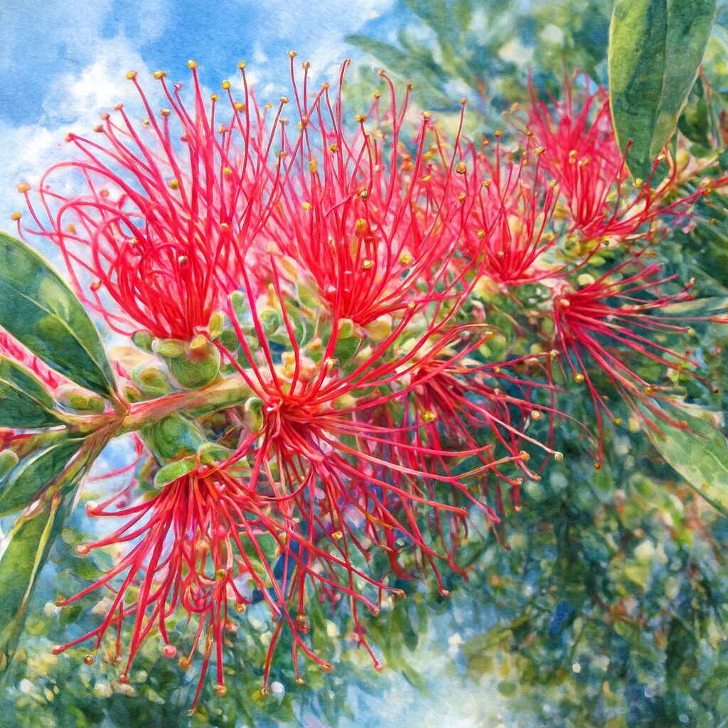 咲き広がるブラシノキの赤い花を水彩画風に描いたイラスト｜細い雄しべの動きと緑の蕾・葉を柔らかい筆致で表現した植物アート