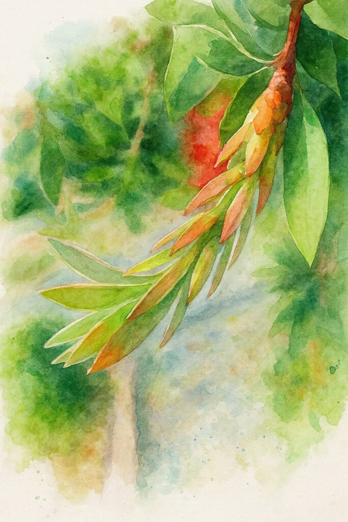 ブラシノキの細長い若い蕾を水彩画風に描いたイラスト｜柔らかな緑と赤みのグラデーションが美しい植物アート