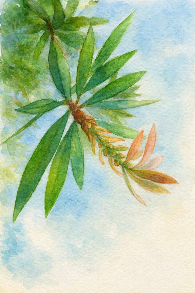 青空に向かって伸びるブラシノキの若い蕾と葉を水彩画風に描いたイラスト｜柔らかな光と淡い色合いで表現された植物アート