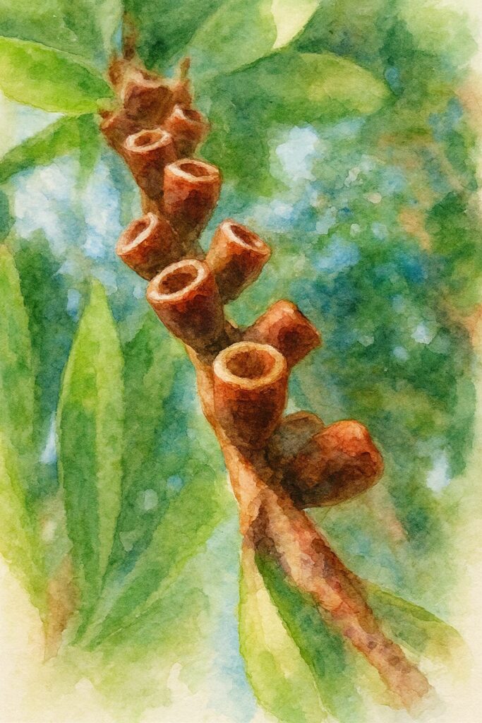 ブラシノキの木質の実を描いた水彩画風イラスト。緑の葉と柔らかな色彩の背景に、円筒状の実が連なって表現されている