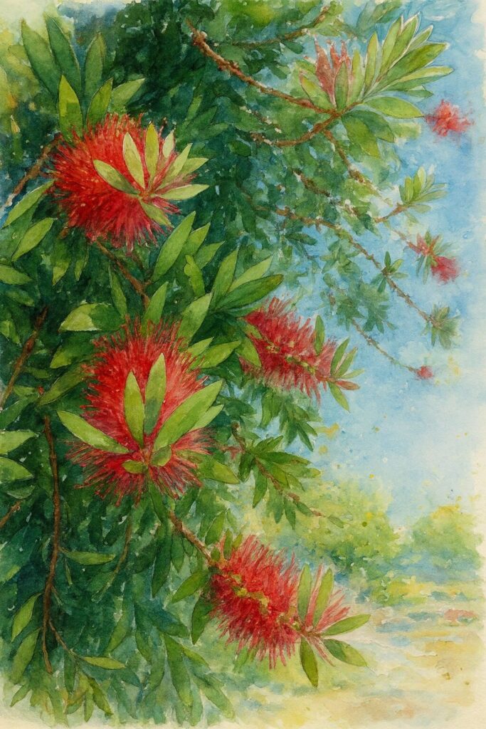 青空を背景に赤い花穂をつけたブラシノキの枝を描いた水彩画風イラスト。緑の葉と赤い花が柔らかなタッチで表現されている