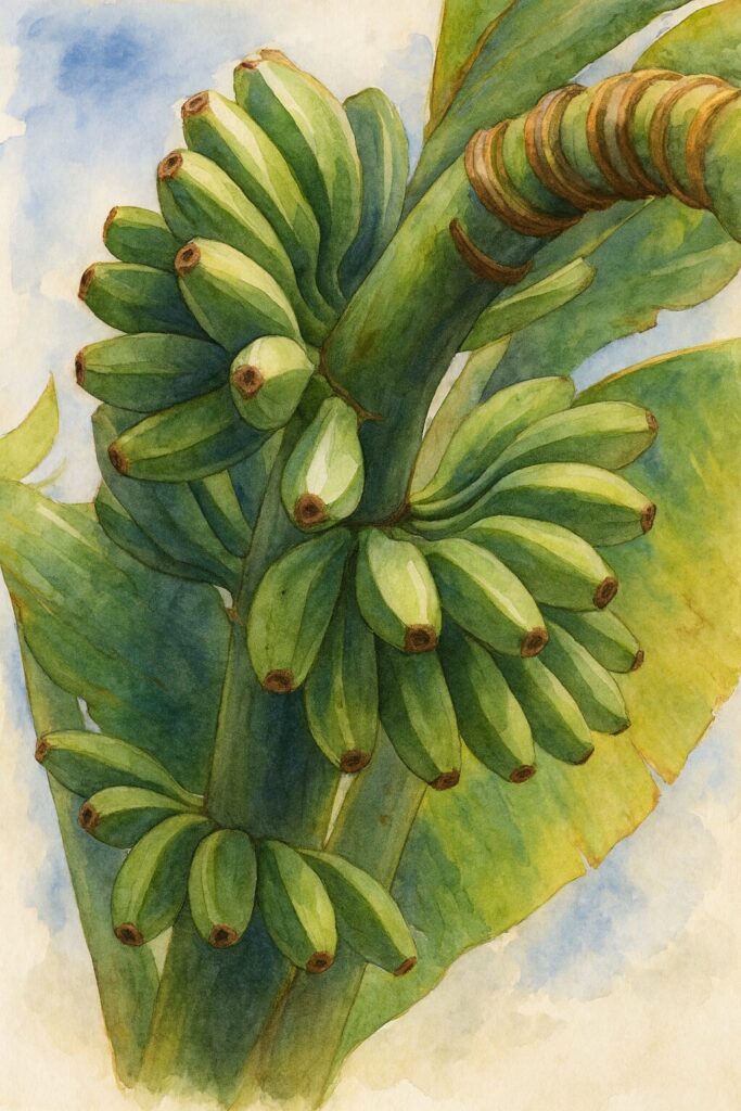バショウの未熟なバナナと太い花茎を描いた水彩画風ボタニカルイラスト