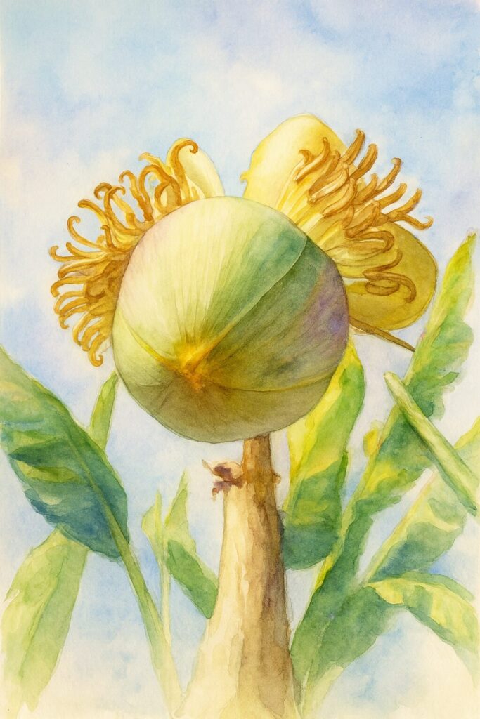 見上げる視点で描いたバショウの花と葉の水彩画風ボタニカルイラスト