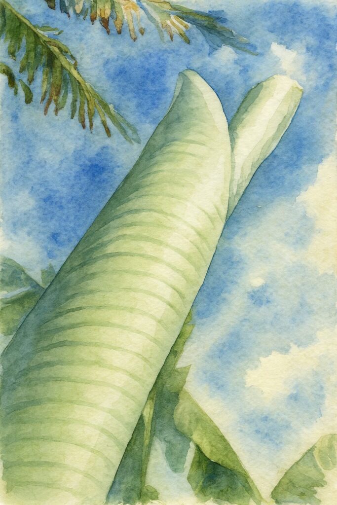 空に向かうバショウの新葉を描いた水彩画風ボタニカルアート