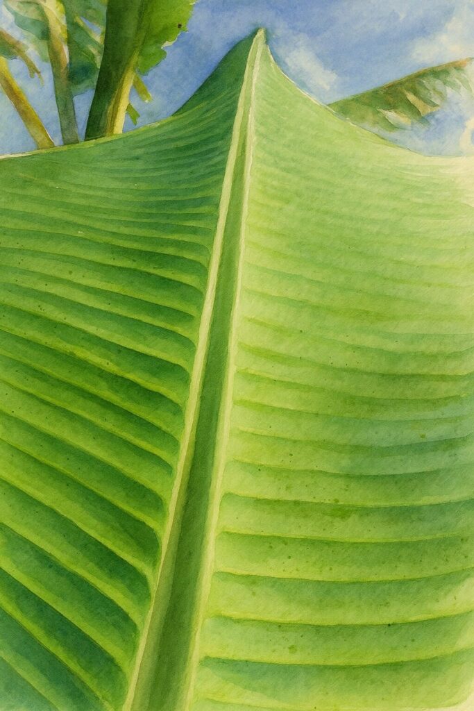 バショウの大きく広がる葉を描いた水彩画風ボタニカルアート(青空背景)
