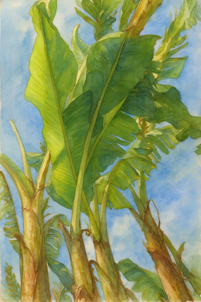 バショウの葉が青空に向かって広がる様子を描いた水彩画風ボタニカルアート
