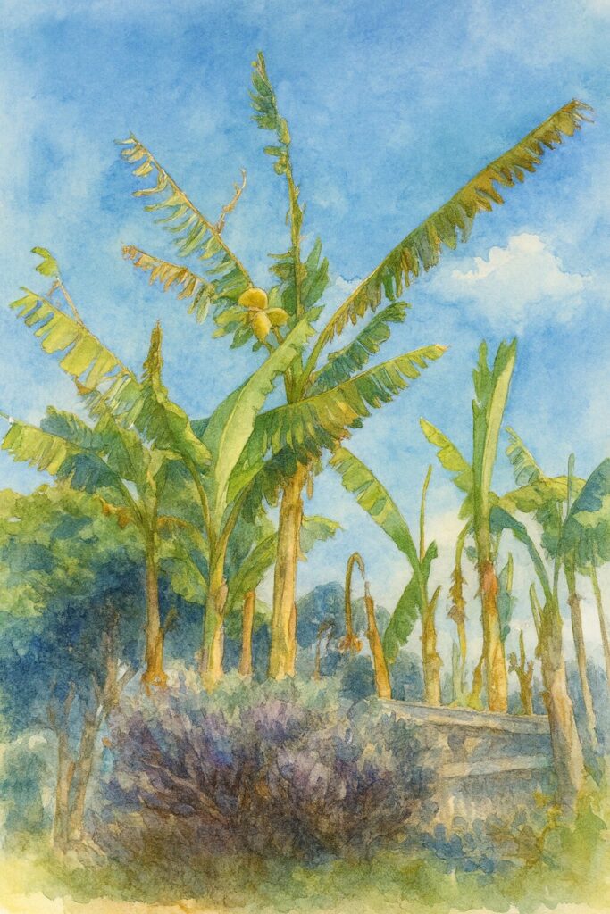 青空に向かって伸びるバショウの群生を描いた水彩画風ボタニカルアート