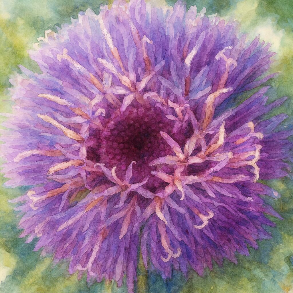 ムラサキルーシャンの花を写真構図に忠実に描いた水彩画風イラスト｜紫の細い花弁が幾重にも重なり、中心部の濃淡や柔らかな質感を繊細に表現したボタニカルアート