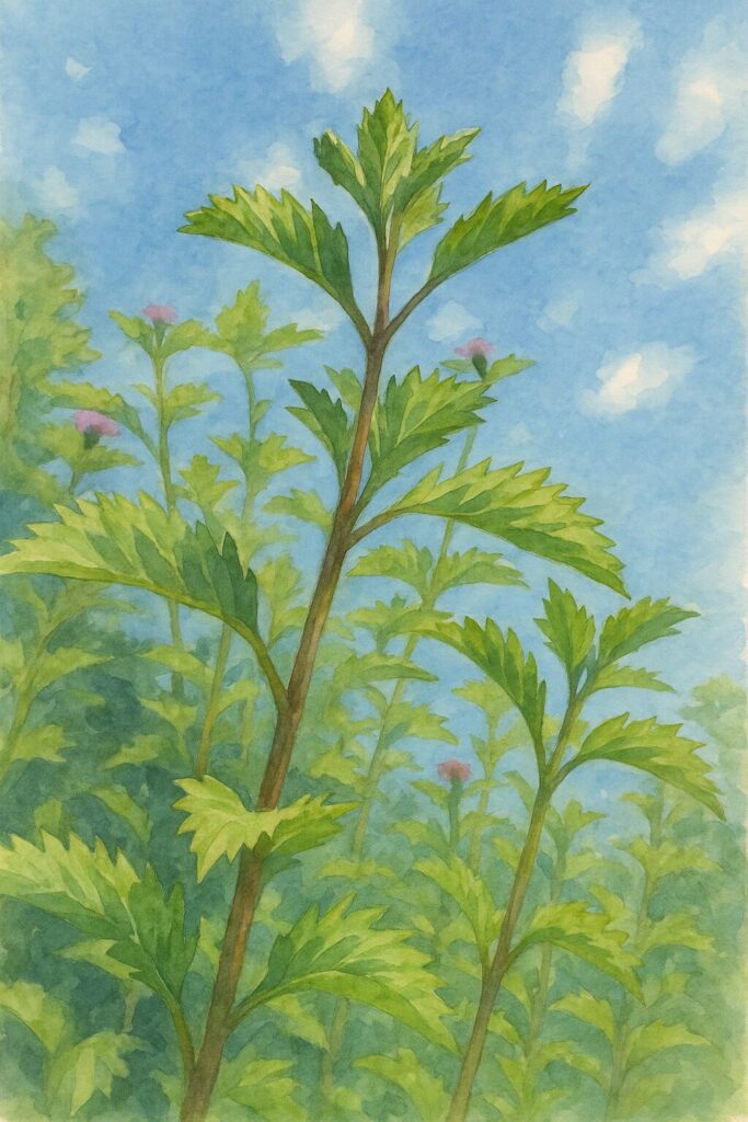 ムラサキルーシャンの茎と葉を写真構図に忠実に描いた水彩画風イラスト｜直立する茎と鋸歯のある鮮やかな緑葉を、青空背景と柔らかなにじみで表現したボタニカルアート