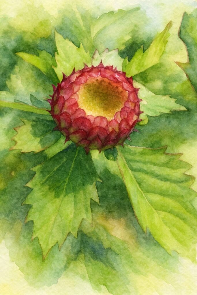 ムラサキルーシャンの花芽を写真構図に忠実に描いた水彩画風イラスト｜赤みのある総苞と中心部の淡黄緑色を繊細なにじみで表現したボタニカルアート