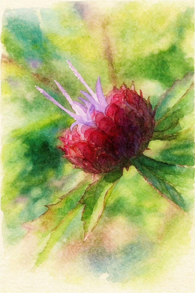 ムラサキルーシャンの花芽を写真構図に忠実に描いた水彩画風イラスト｜赤みのある総苞と伸び出す淡紫色の花弁を、柔らかなにじみと透明感で表現したボタニカルアート