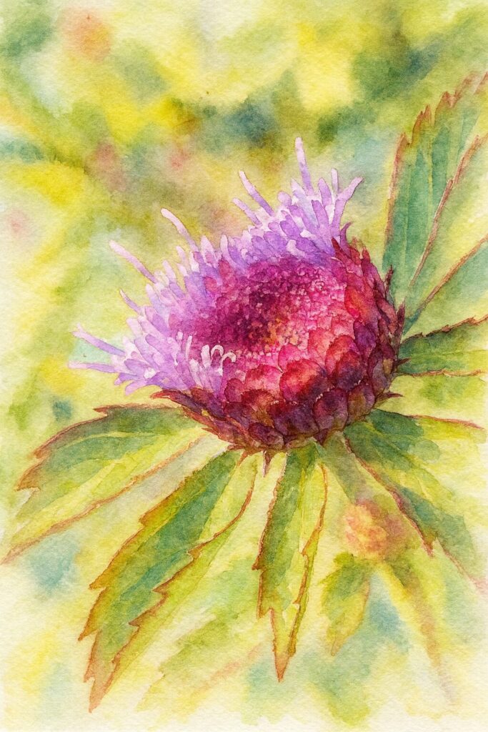 ムラサキルーシャンの花を写真構図に忠実に描いた水彩画風イラスト｜赤みのある総苞と淡紫色の花弁の重なりを、透明感のあるにじみで表現したプロレベルのボタニカルアート