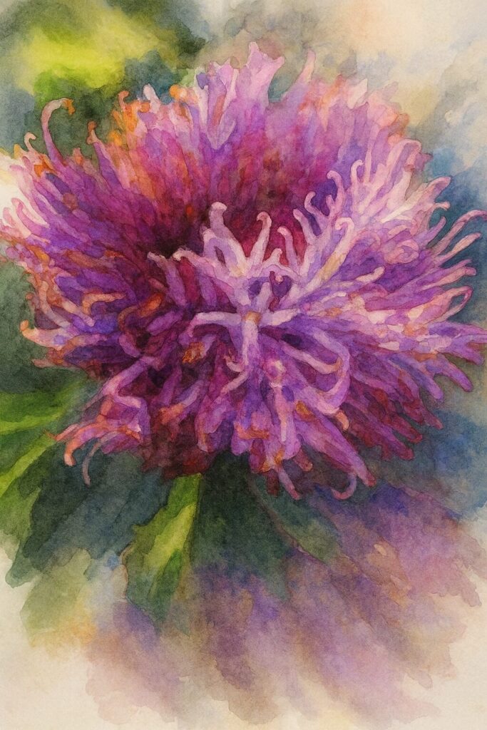 ムラサキルーシャンの花を写真構図に忠実に描いた水彩画風イラスト｜紫の細い花弁が幾重にも重なり、中心部の濃淡と柔らかな質感を繊細に表現したプロレベルのボタニカルアート