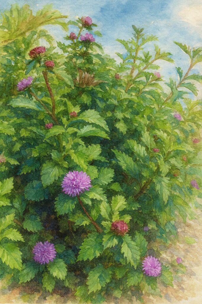 ムラサキルーシャンの群生を写真構図に忠実に描いた水彩画風イラスト｜茂った緑葉の中に紫の花と蕾がリズミカルに配置され、青空背景を柔らかなにじみで表現したプロレベルのボタニカルアート