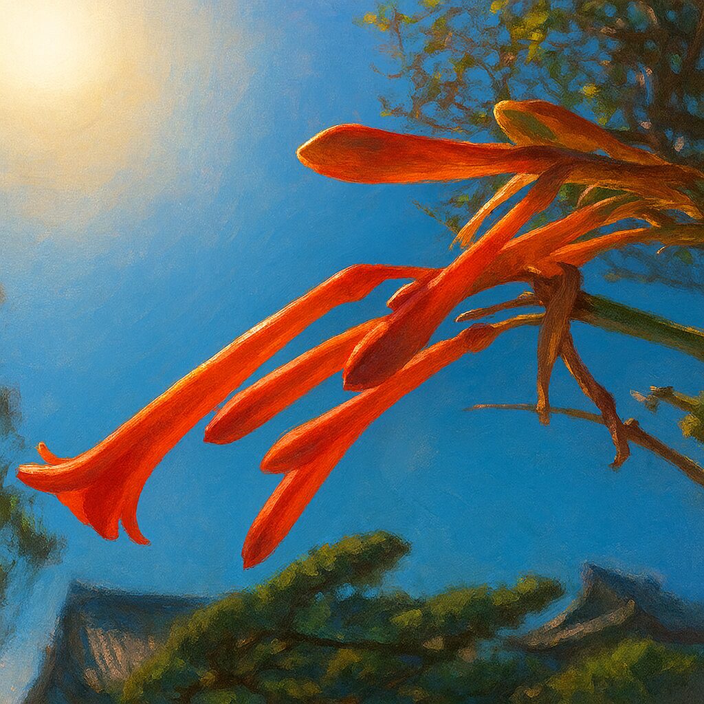 青空とヒメヒオウギズイセンの花房を背景付きで描いたフリーイラスト