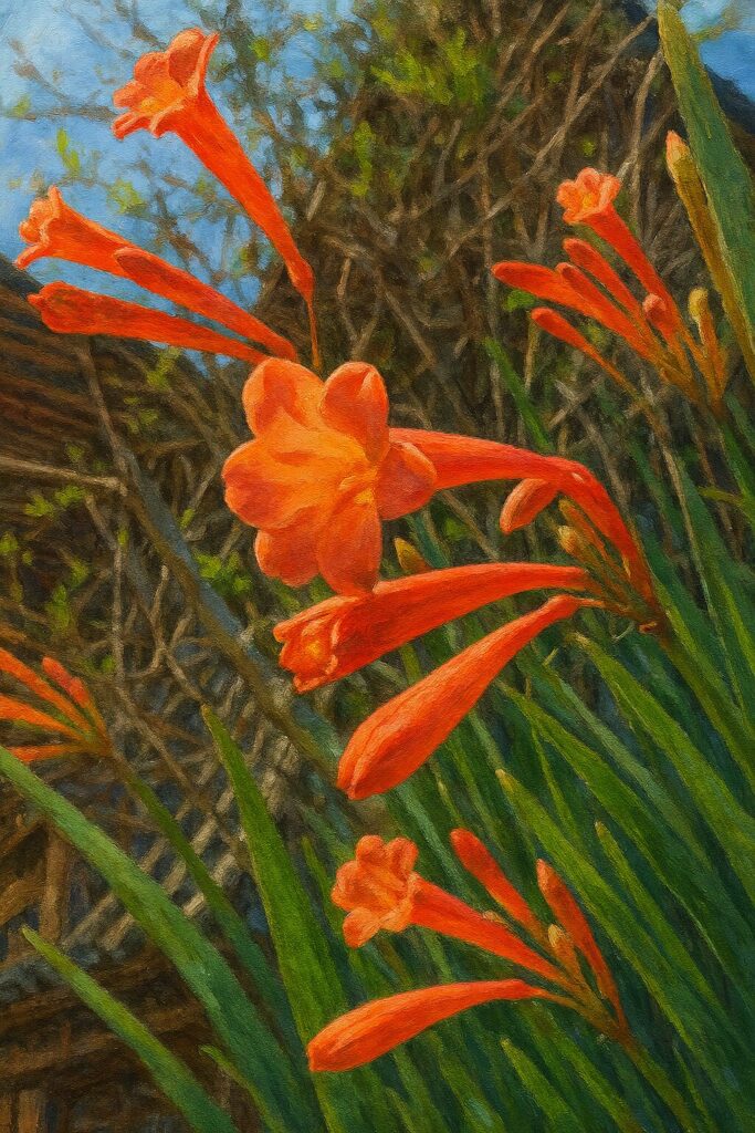 複数のヒメヒオウギズイセンが咲く様子を表現した自然風イラスト