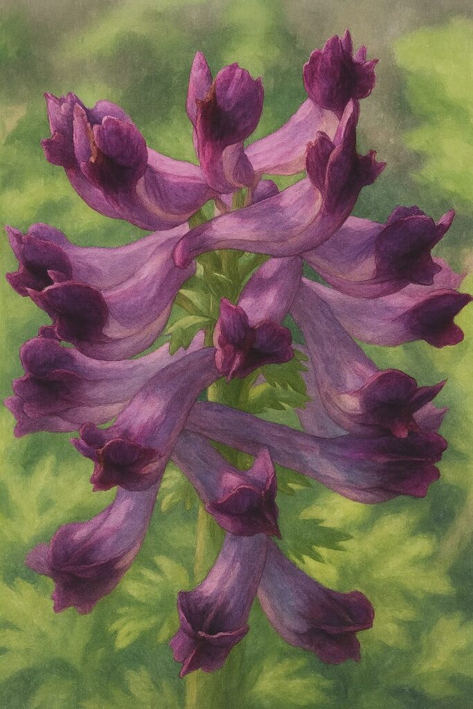 淡い紫のムラサキケマンを精密に再現したイラスト画像