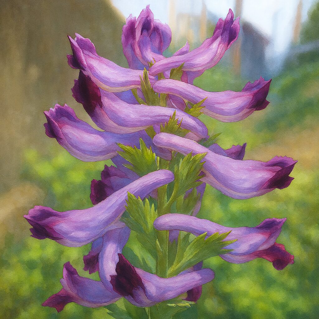 葉と花を含めたムラサキケマンの群生イラスト