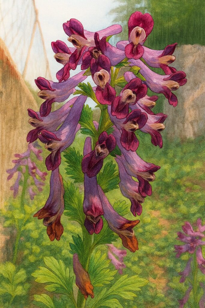 細部まで描き込まれたムラサキケマンの花のイラスト