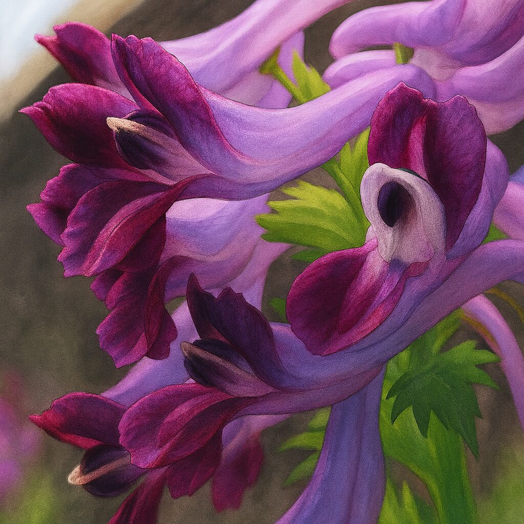 自然な構図で描かれたムラサキケマンの植物画