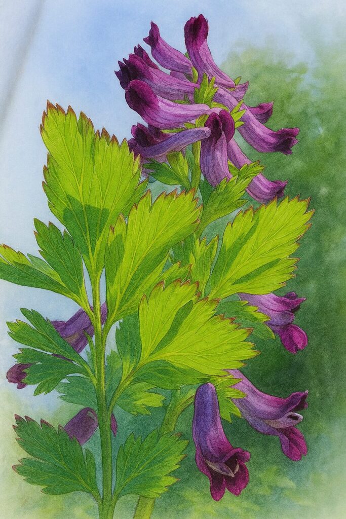 ムラサキケマンの花の内部構造を描いた接写風イラスト