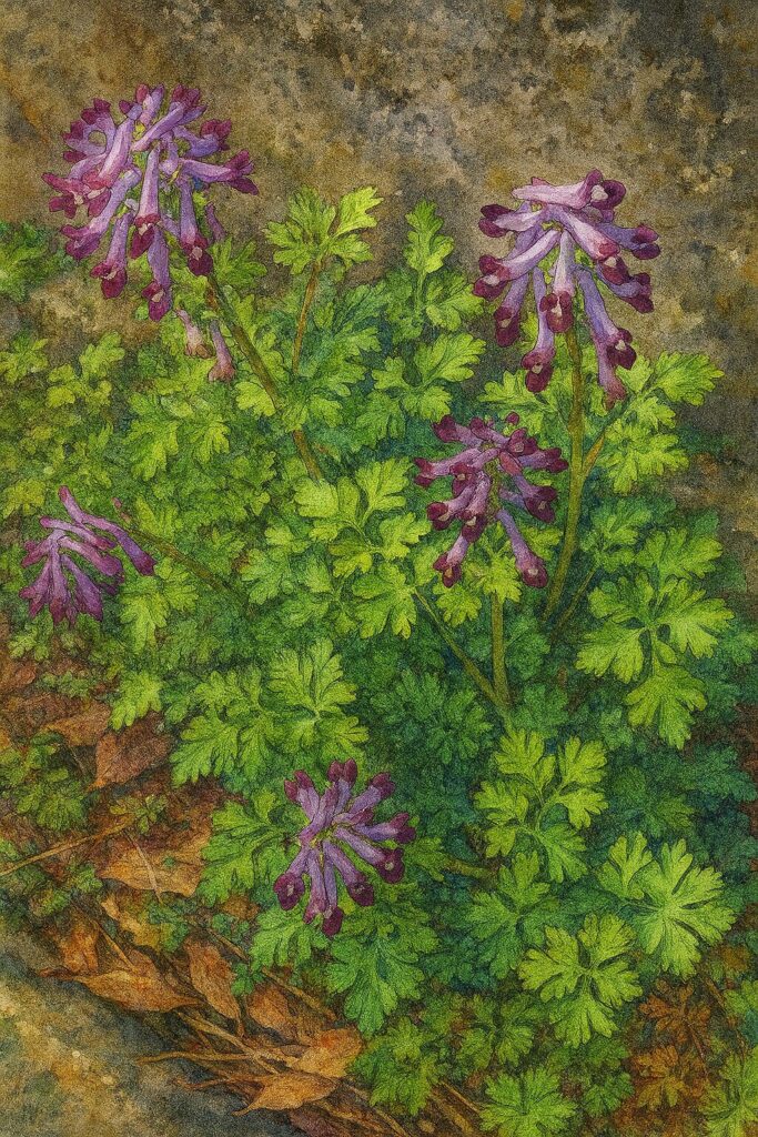 石垣の背景とともに描かれたムラサキケマンの群生イラスト