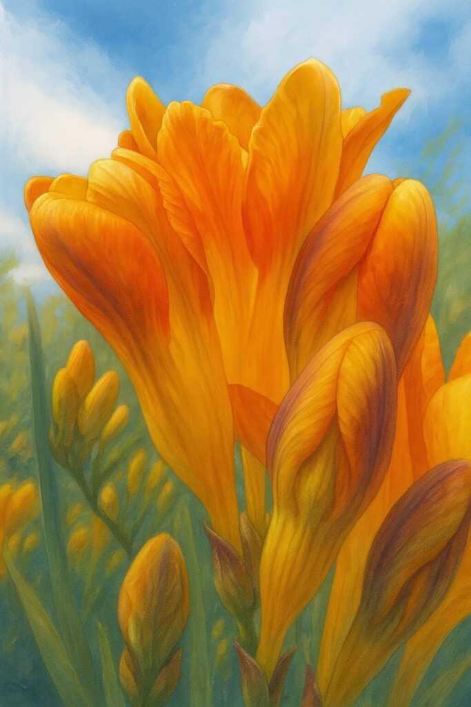 黄色いフリージアの花をリアルに描いたボタニカルイラスト