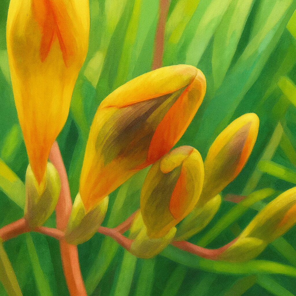 つぼみ状態のフリージアを丁寧に再現した植物イラスト