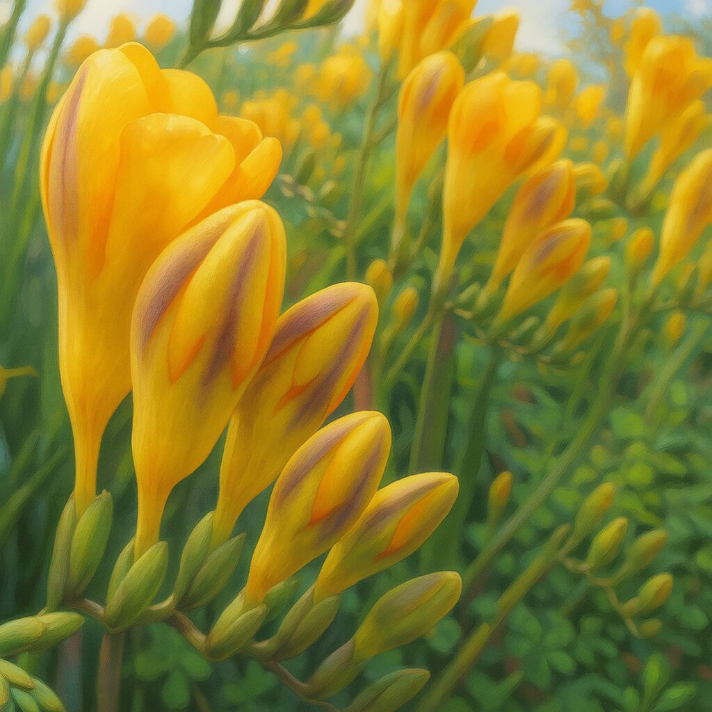 フリージアの群生を描いた春らしい華やかなイラスト