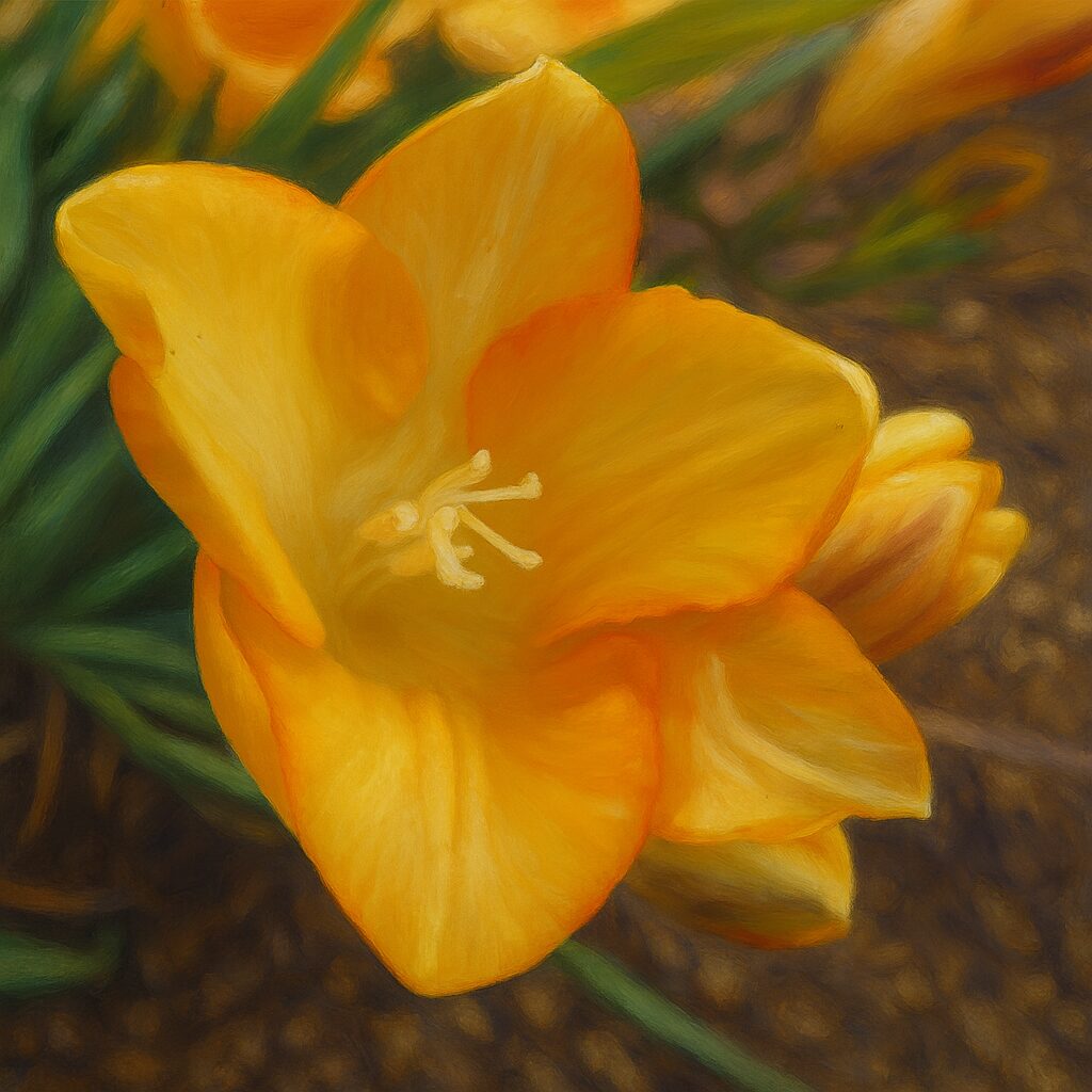 フリージアの花芯まで詳細に表現された精密な植物画