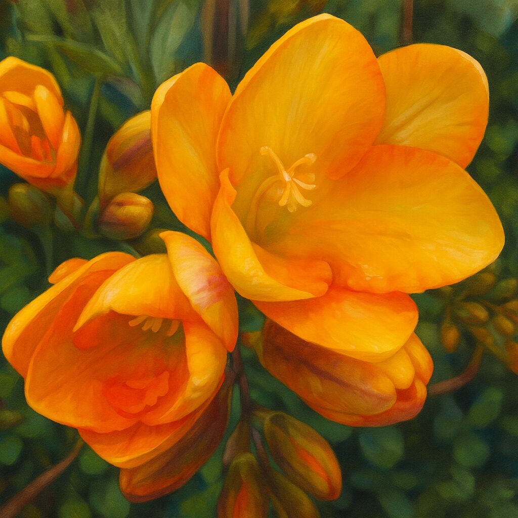 複数のフリージアが咲く様子を描いた柔らかな水彩風イラスト