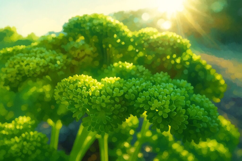 逆光の柔らかい光に包まれたパセリの葉をリアルに描いたイラスト