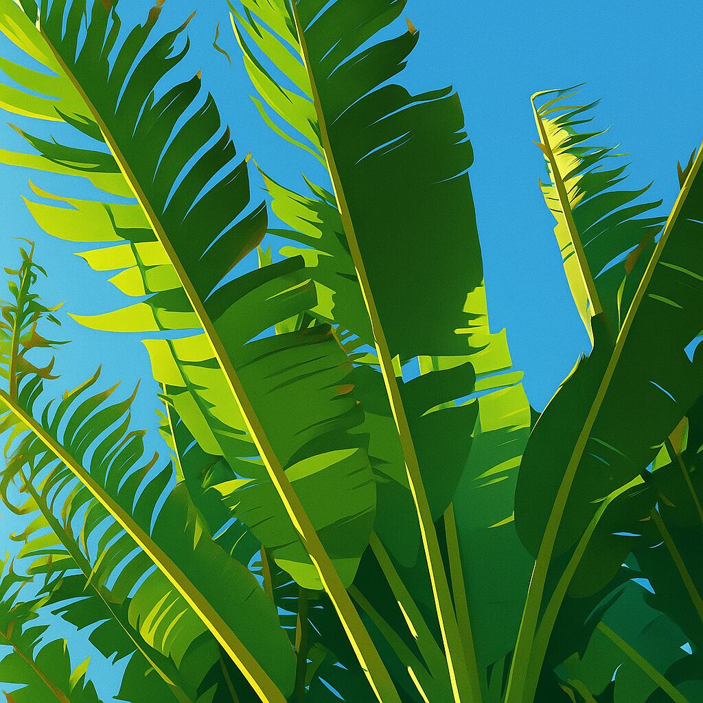 青空を背景に大きく広がるバショウの葉を下から見上げた植物イラスト