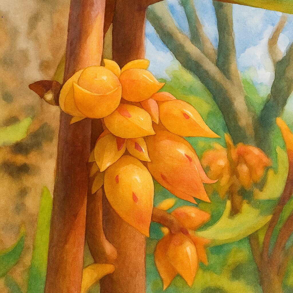 茶色の幹に沿って咲くオレンジ色のコチョウノマイの花を描いたイラスト