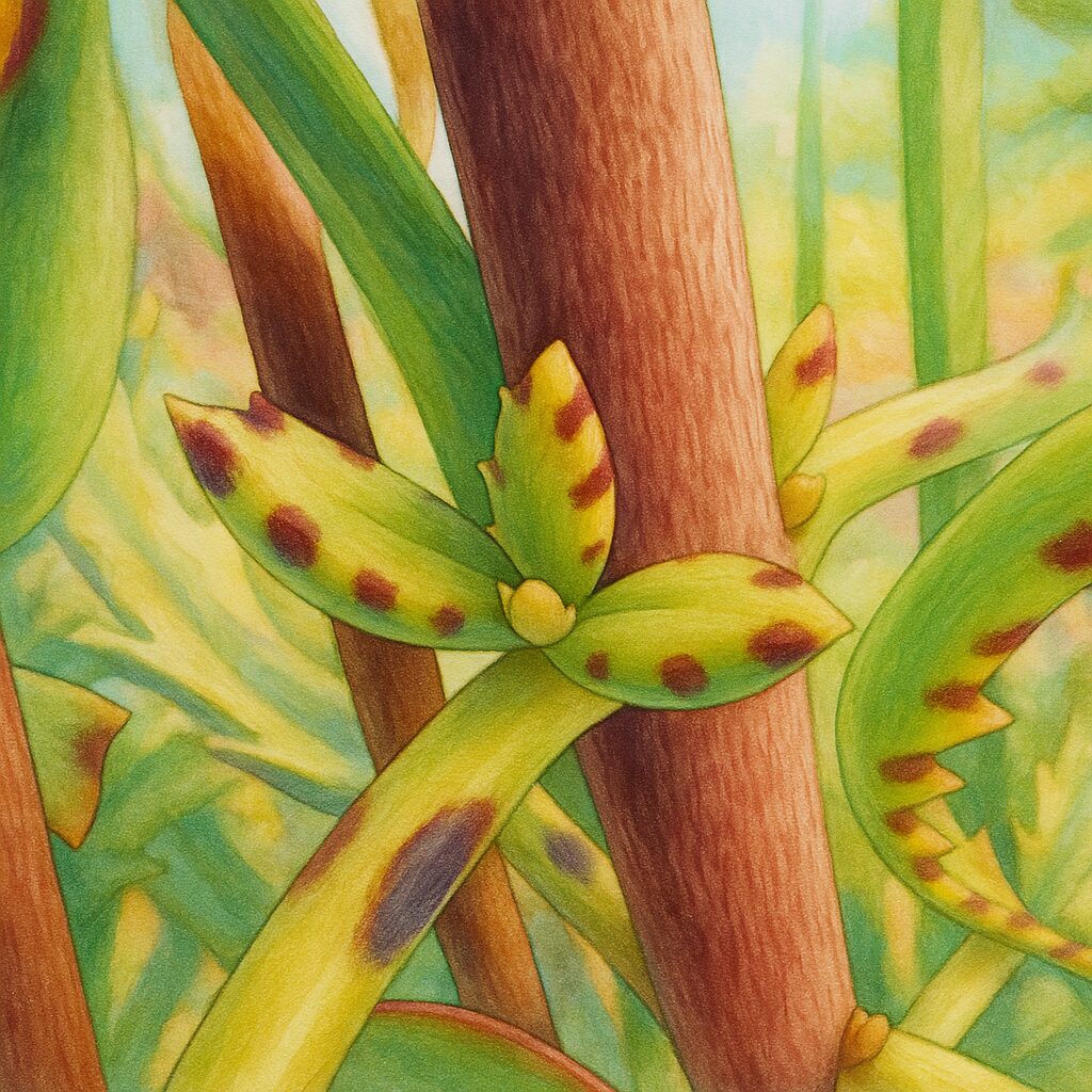 茎の根元に小さな若葉をつけたコチョウノマイの新芽のイラスト