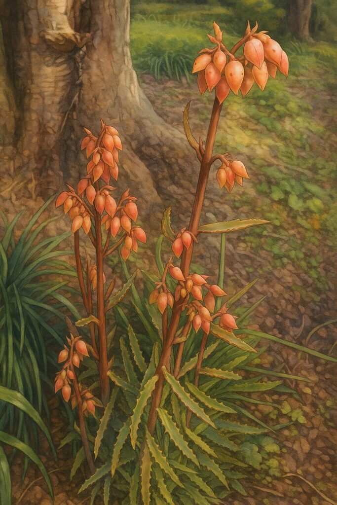 樹の根元に生えるコチョウノマイの全体像を描いた植物イラスト