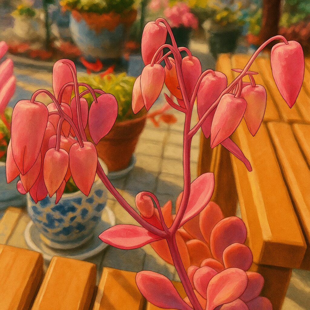 鉢植えの背景とともに描かれたコチョウノマイの開花前の群生イラスト