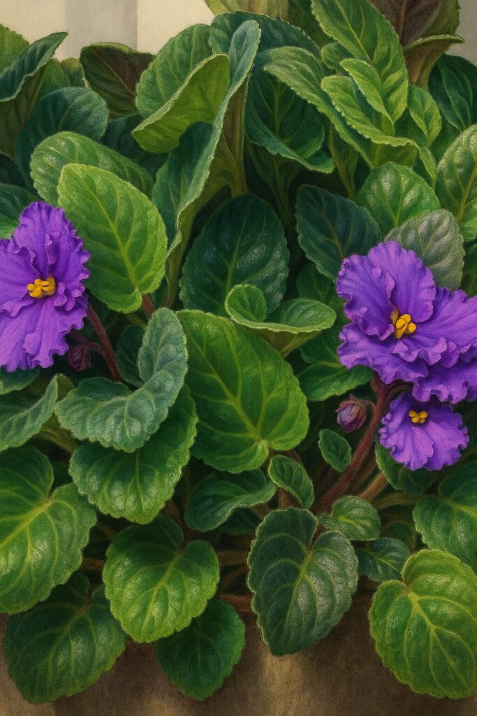 鉢植えの中で2輪のアフリカスミレが葉に囲まれて咲くイラスト