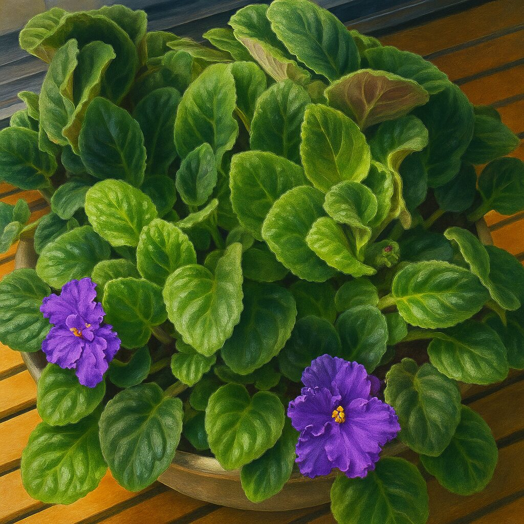 木製テーブルの上に置かれた鉢植えのアフリカスミレを真上から描いたイラスト