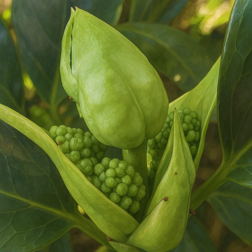 アオキの実と葉を写実的に描いた接写風植物イラスト