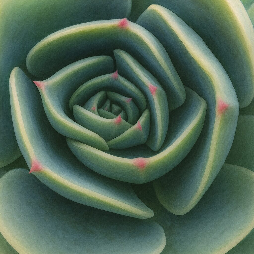 エケベリアの渦巻き状の葉を写実的に描いた接写風ボタニカルイラスト