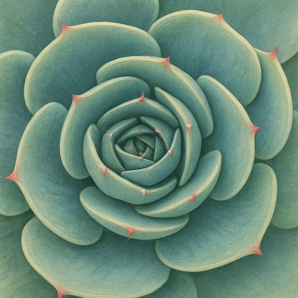 ロゼット形状が際立つエケベリアの上からの構図を表現した植物画